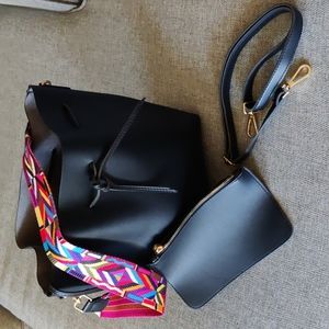 Vegan Leather Black Bucket Bag with Multi Colored Aztec Strap